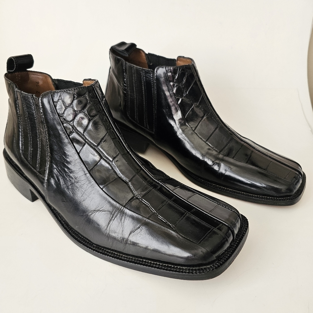 Stacy Adams Black Leather Alligator Print Ankle Mens Boots Square Toe 10…